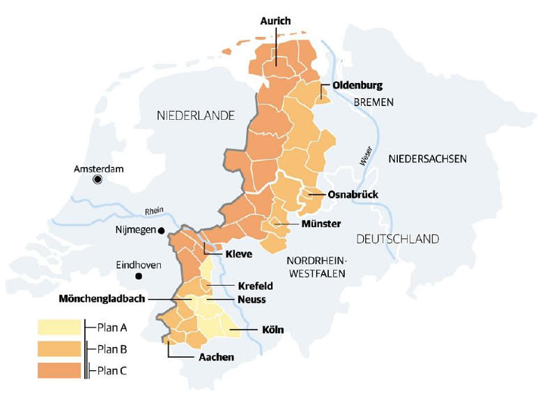 Variante A des "Bakker-Schut-Plans" sah vor, dass Kln, Mnchengladbach und Neuss niederlndisch werden wrden, dazu Grevenbroich und Bergheim. Variante B umfasste Krefeld und Aachen, Mnster und Osnabrck. Die kleinste Variante C sparte die Grostdte aus, umfasste aber etwa Kleve und viele lndliche Gebiete. FOTO: Ferl 
